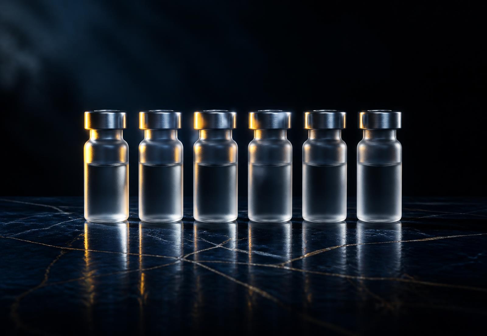 Frosted laboratory peptide vials on a dark polished surface